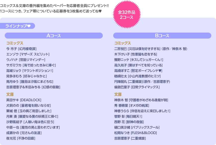 コミックス&文庫の番外編を集めたペーパーを応募者全員にプレゼント！！ 1コースにつき、フェア帯についている応募券を3枚集めて送ってね♥ 全32作品2コース >ラインナップ♥> Aコース コミックス 今市子[幻月楼奇譚]／エンゾウ[マザーズ スピリット]／ウノハナ[官能リマインダー]／サガミワカ[海で拾ったきみに捧ぐ]／高城リョウ[マウントポジション！]／見多ほむろ[好みじゃなかと]／南月ゆう[雛鳥は汐風にまどろむ]／吉原理恵子&禾田みちる[幻惑の鼓動] 文庫 英田サキ[DEADLOCK]／犬飼のの[暴君竜を飼いならせ]／栗城 偲[玉の輿ご用意しました]／月東 湊[親愛なる僕の妖精王に捧ぐ]／沙野風結子[人喰い鬼は色に狂う]／中原一也[魔性の男と言われています]／成瀬かの[兄さんの友達]／夜光花[不浄の回廊] Bコース コミックス 神奈木 智&二宮悦巳[災厄は僕を好きすぎる]／木下けい子[性悪猫も恋をする]／鯛野ニッケ[キスしてシュガーくん！]／高久尚子[僕はすべてを知っている]／高崎ぼすこ[暫定ボーイフレンド♥]／楢崎壮太[小山内准教授のヒミツ]／吉原理恵子&円陣闇丸[二重螺旋]／倫敦巴里子[日常クライマックス] 文庫 神奈木 智[守護者がめざめる逢魔が時]／秀 香穂里[オメガの純潔]／神香うらら[伴侶を迎えに来日しました！]／菅野 彰[毎日晴天！]／西野 花[獣神の夜伽]／樋口美沙緒[パブリックスクール]／松岡なつき[FLESH&BLOOD]／吉原理恵子[二重螺旋]