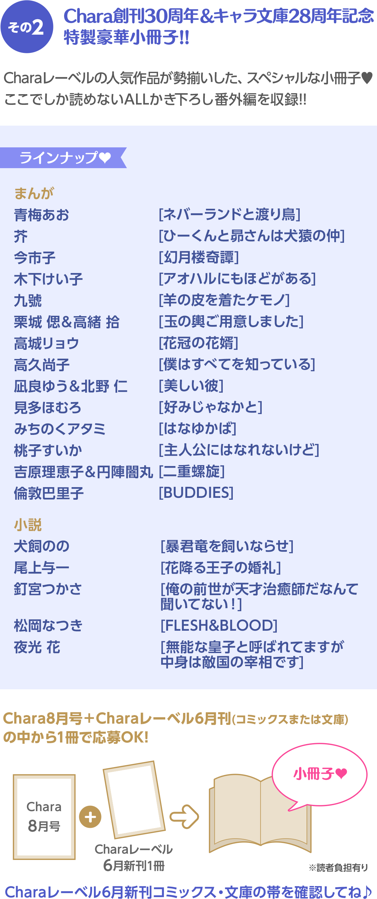その2 Chara創刊30周年＆キャラ文庫28周年記念 特製豪華小冊子!!／ラインナップ♥ coming soon／Chara8月号＋Charaレーベル6月刊(コミックスまたは文庫)の中から1冊で応募OK! ※読者負担ありCharaレーベル6月新刊コミックス・文庫の帯を確認してね♪